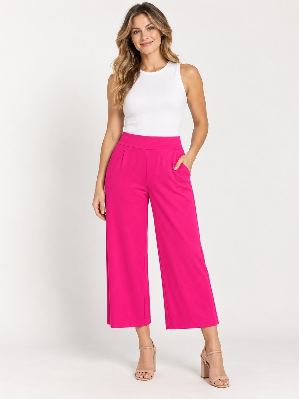 Dear Scarlett Magic Cropped Pants Large Hot Pink Wide Leg Pull On NWT